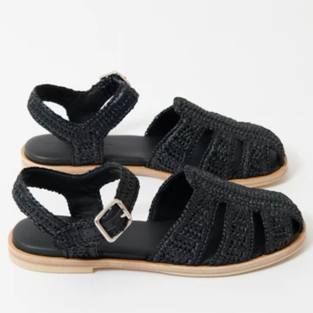 FREDA SALVADOR Sera Fisherman sandal in black raffia, size 7, NEW in box